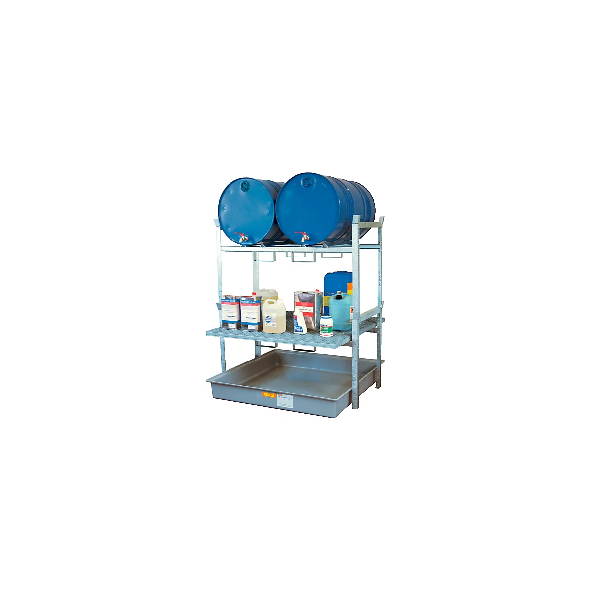 Support de fûts type 800 variante 4 CEMO, avec support de fûts et bac de récupération, pour 2 x 200 fûts en I, support de base en grille