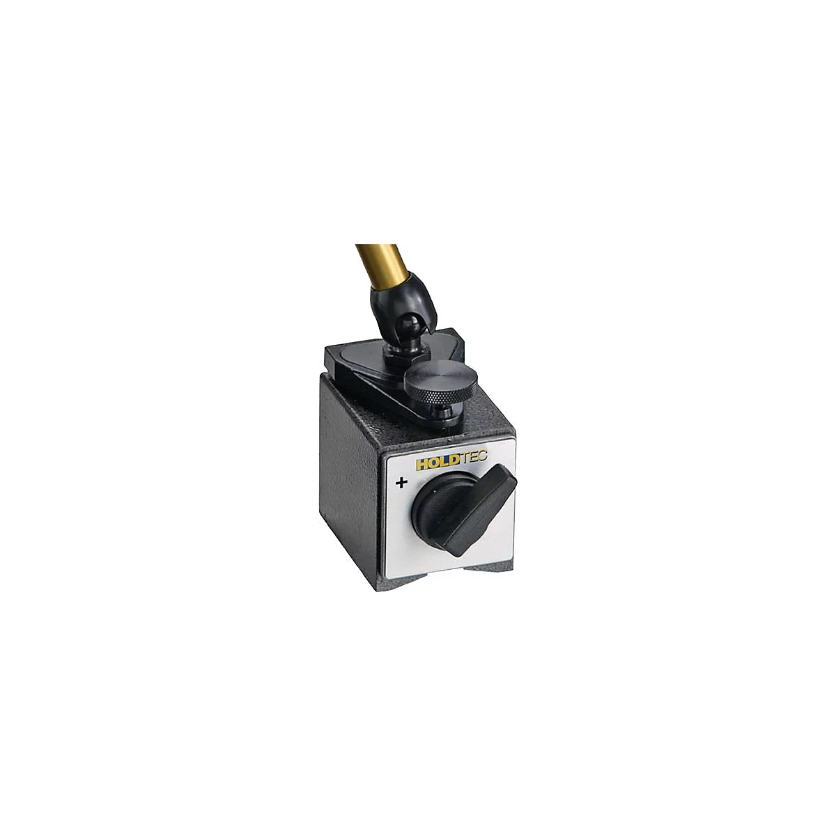 Base magnétique noire avec bouton rotatif et support. Inscription : HOLDTEC.