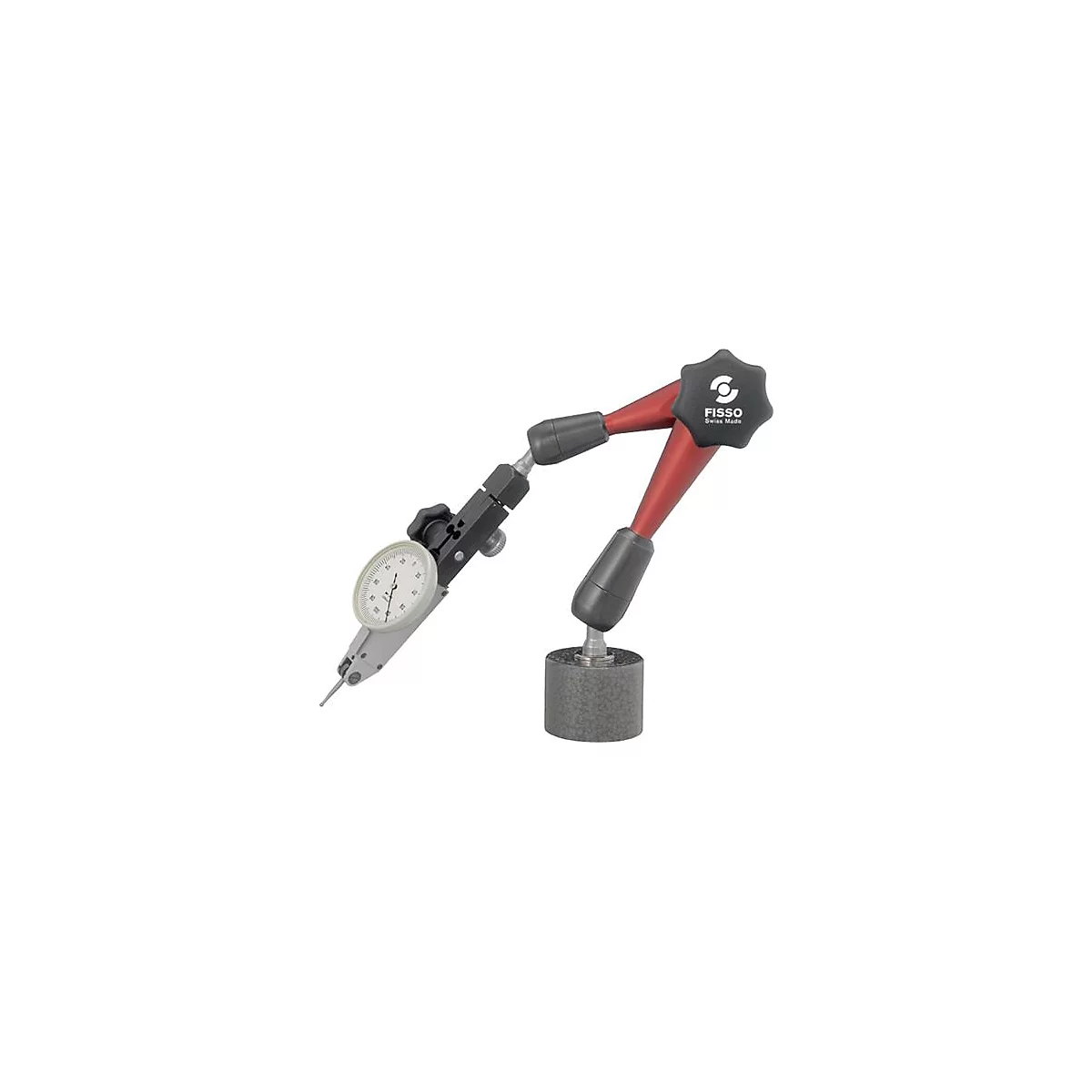 Un support de mesure rouge et noir avec un comparateur à cadran, FISSO Swiss Made.