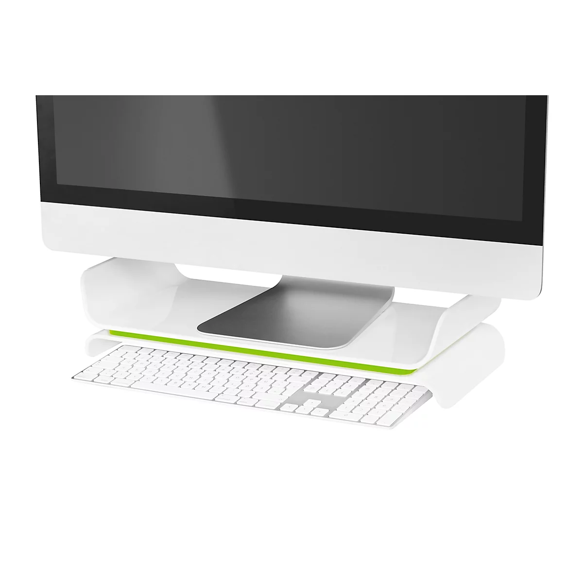 Support de moniteur ergonomique Ergo WOW LEITZ®, jusqu'à 27', L 209 x H 112 mm, réglable en hauteur, espace de rangement pour clavier, blanc/vert