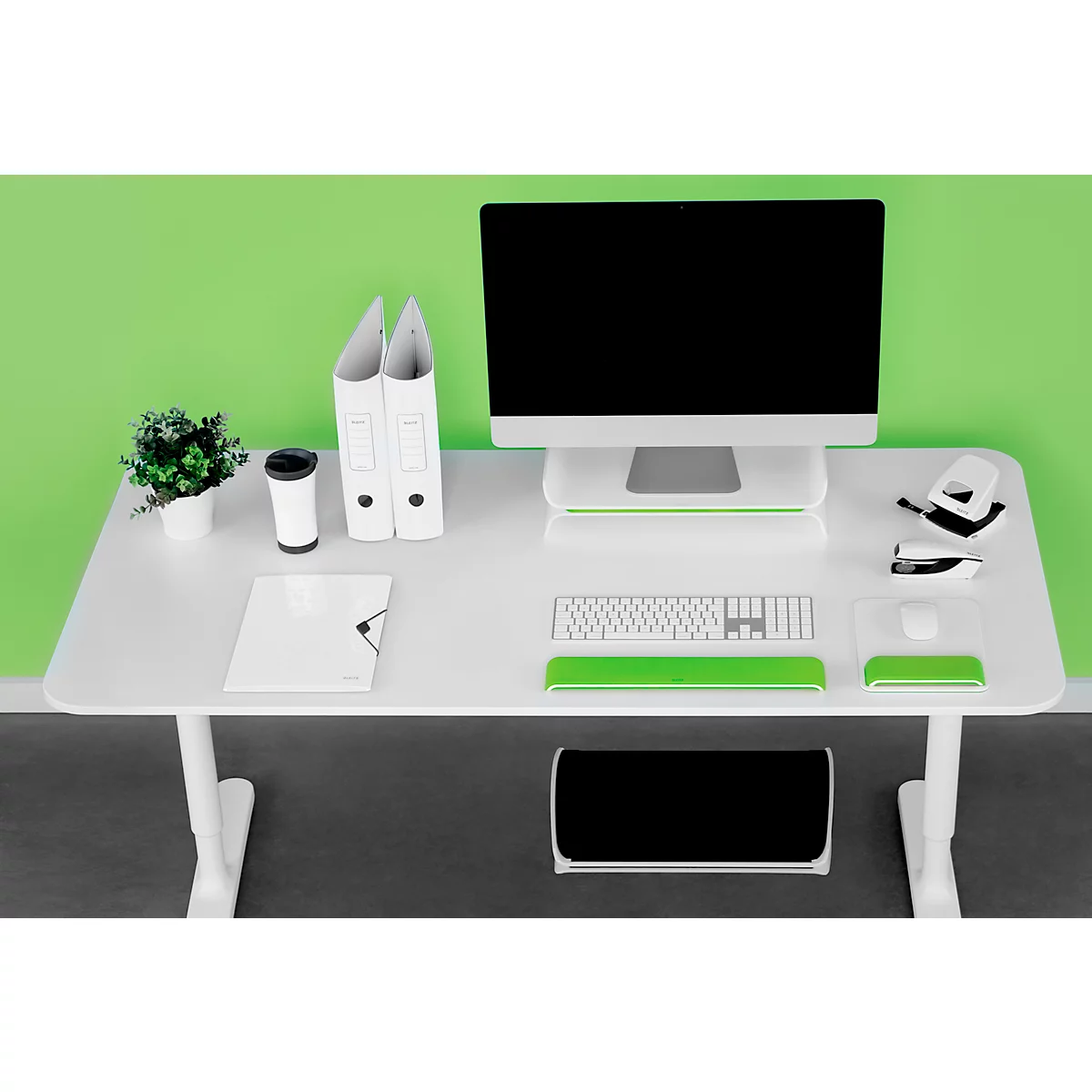 Support de moniteur ergonomique Ergo WOW LEITZ®, jusqu'à 27', L 209 x H 112 mm, réglable en hauteur, espace de rangement pour clavier, blanc/vert