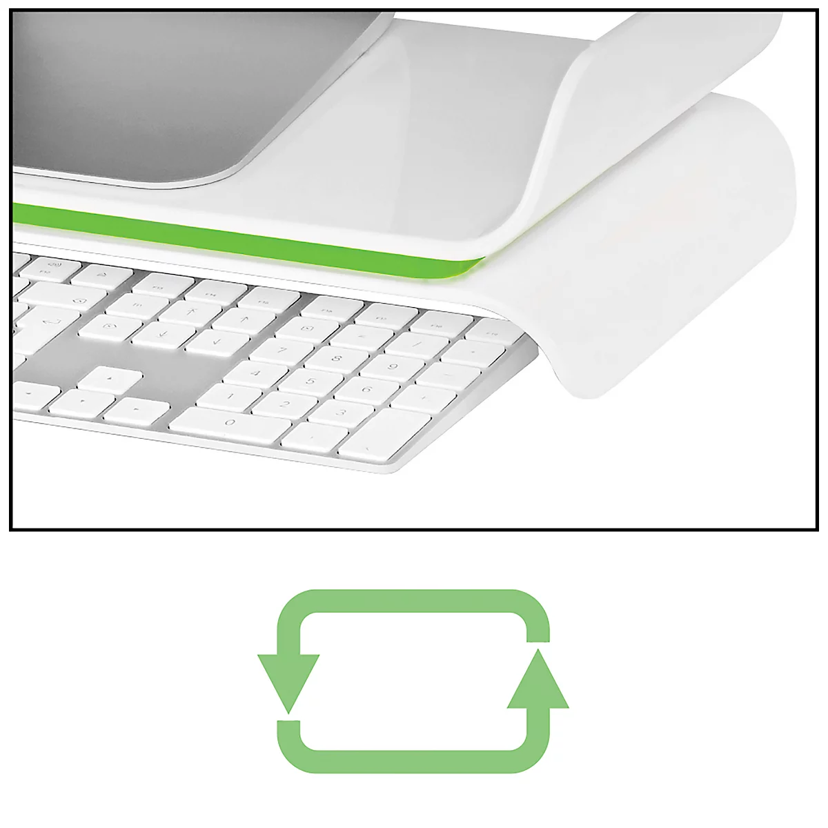 Support de moniteur ergonomique Ergo WOW LEITZ®, jusqu'à 27', L 209 x H 112 mm, réglable en hauteur, espace de rangement pour clavier, blanc/vert