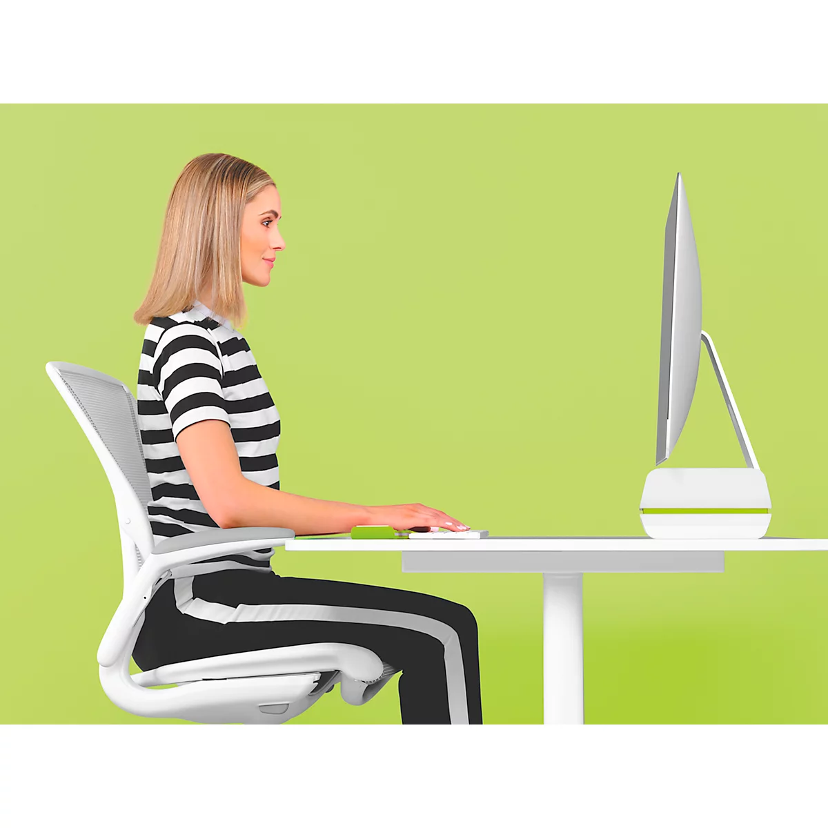 Support de moniteur ergonomique Ergo WOW LEITZ®, jusqu'à 27', L 209 x H 112 mm, réglable en hauteur, espace de rangement pour clavier, blanc/vert