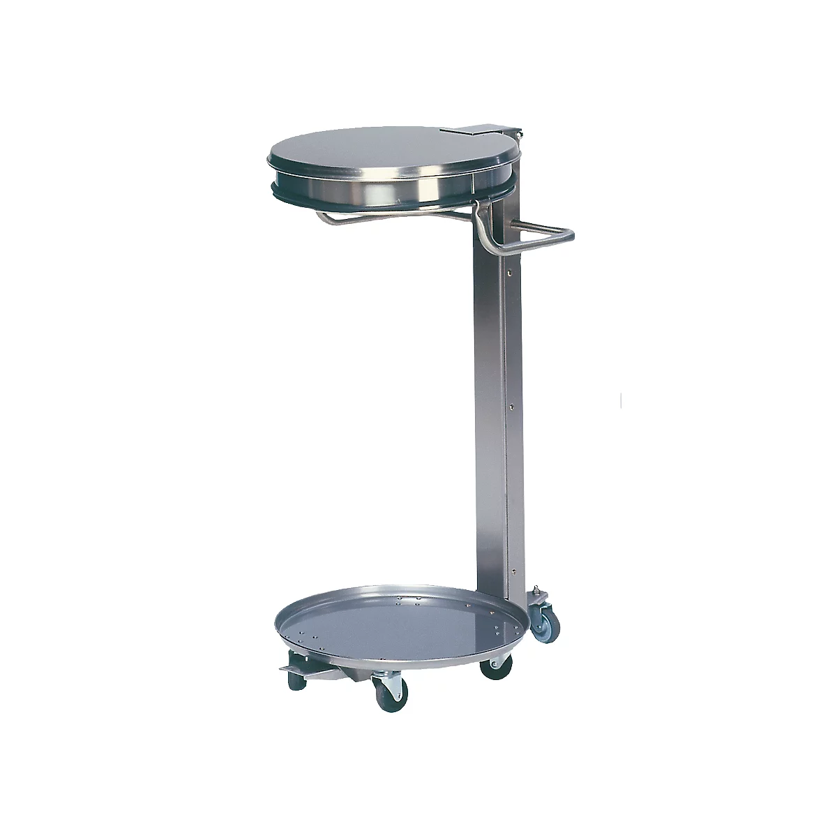Support mobile pour sac poubelle de 120 litres, structure en inox, avec couvercle et pédale, 5 roulettes