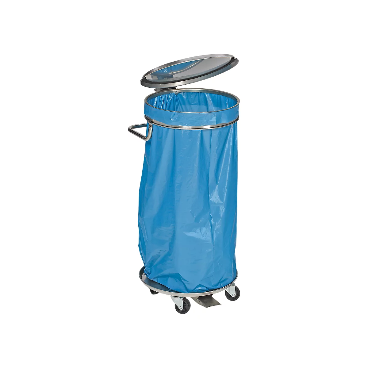 Support mobile pour sac poubelle de 120 litres, structure en inox, avec couvercle et pédale, 5 roulettes