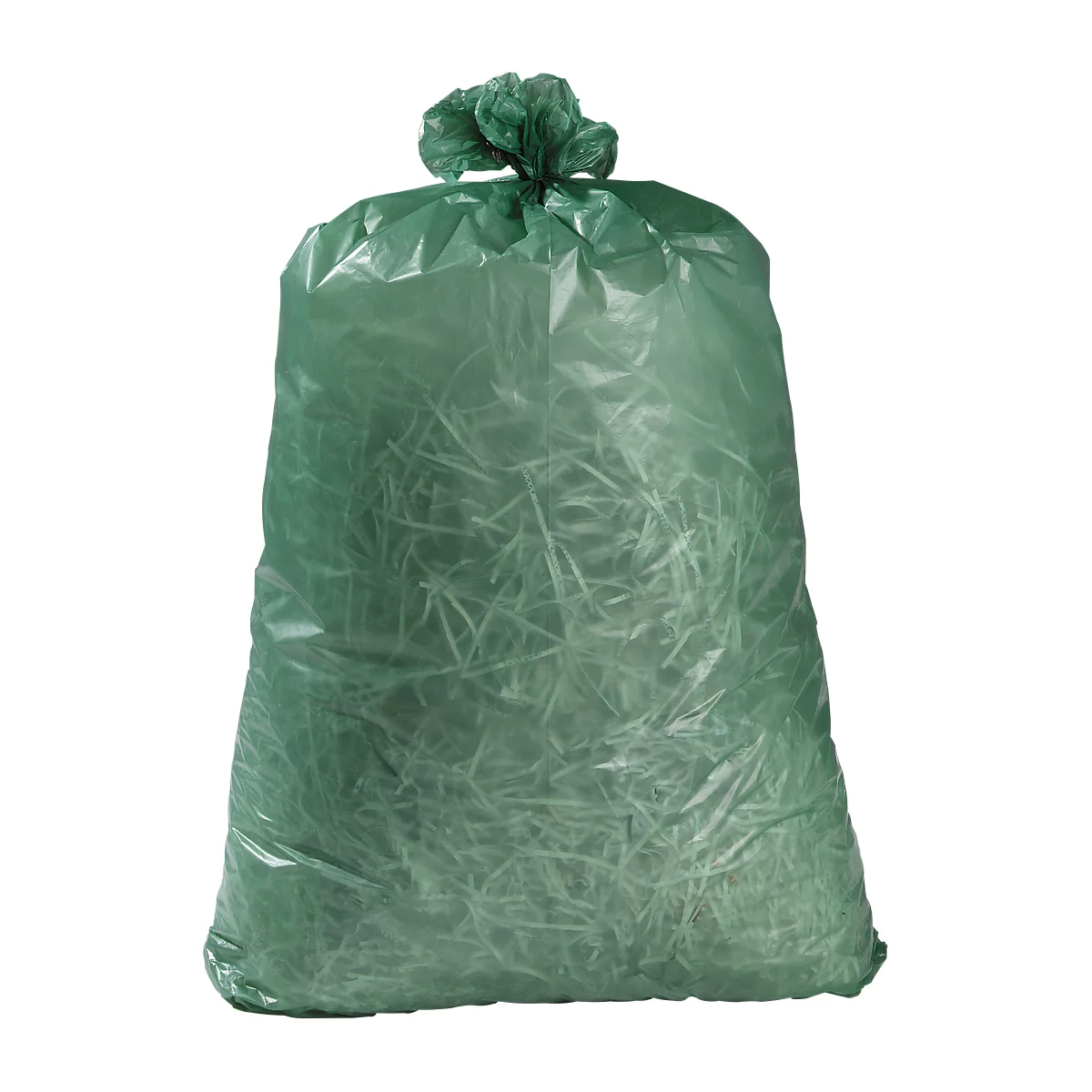 Sac poubelle vert, rempli de déchets de jardin, noué en haut.