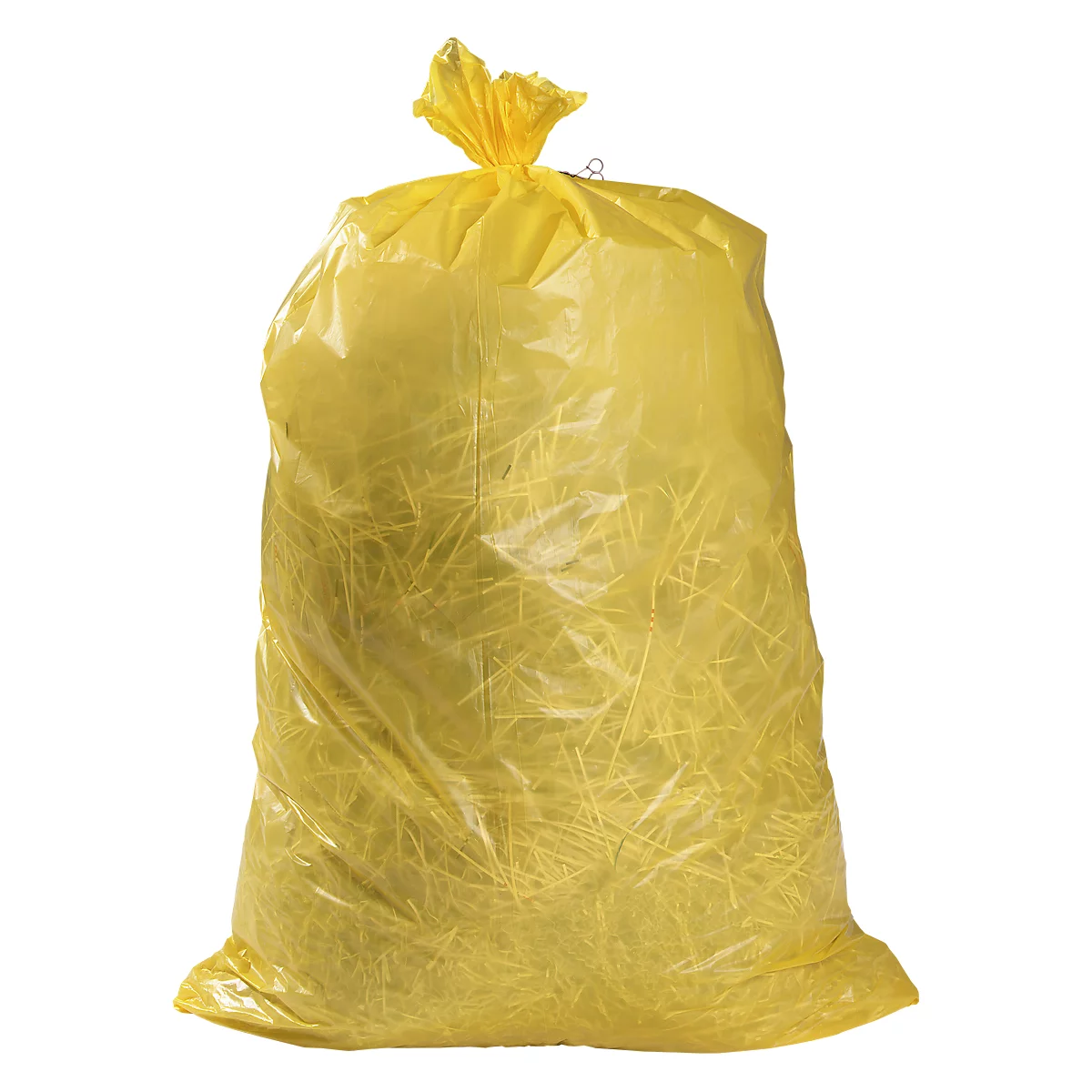 Sac poubelle jaune rempli de matière jaune, noué.