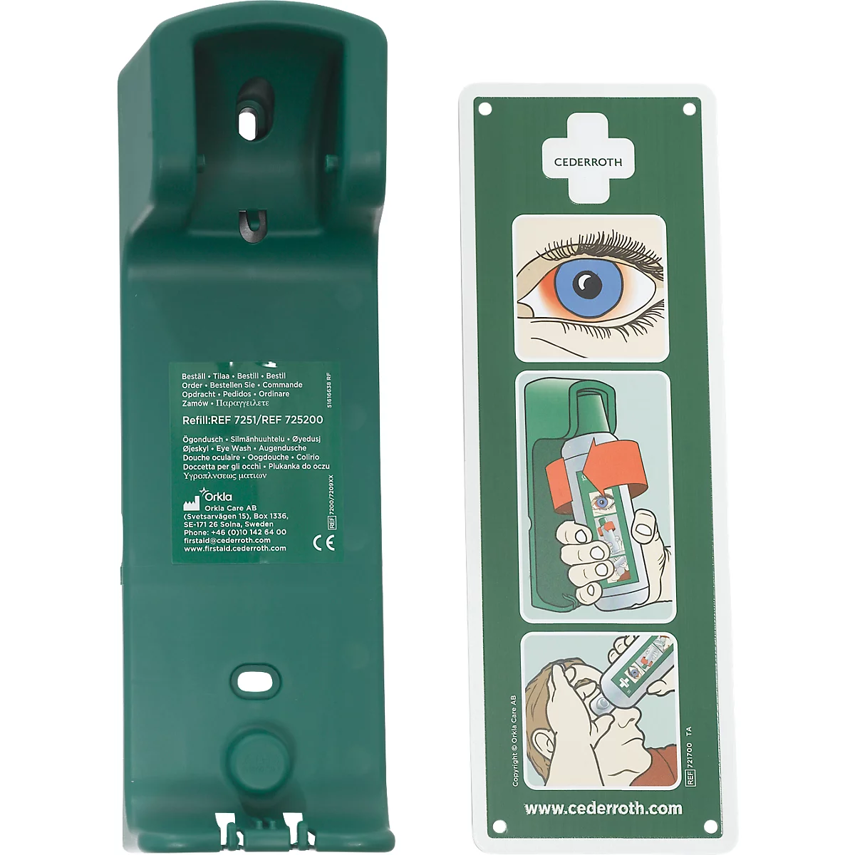 Support vert et panneau avec pictogramme de premiers secours montrant l'utilisation d'une solution oculaire.