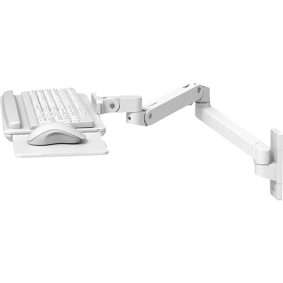 Support mural blanc pour clavier et souris. Le bras est réglable et possède plusieurs articulations.