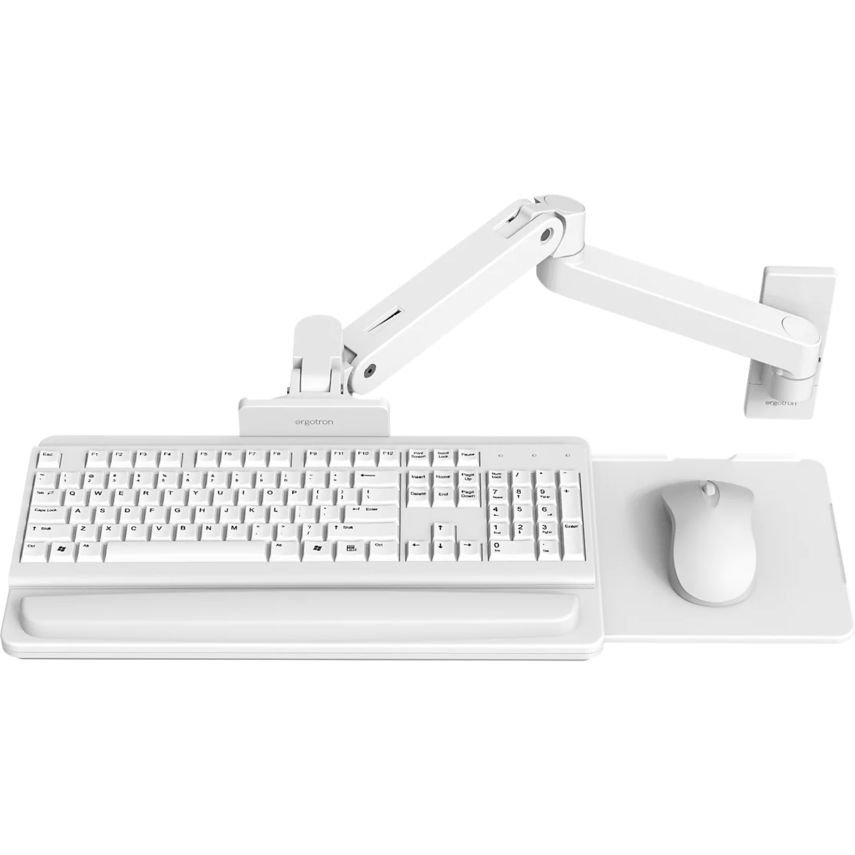 Ensemble clavier et souris blanc monté au mur avec bras. Clavier, tapis de souris et souris. Le support est flexible.