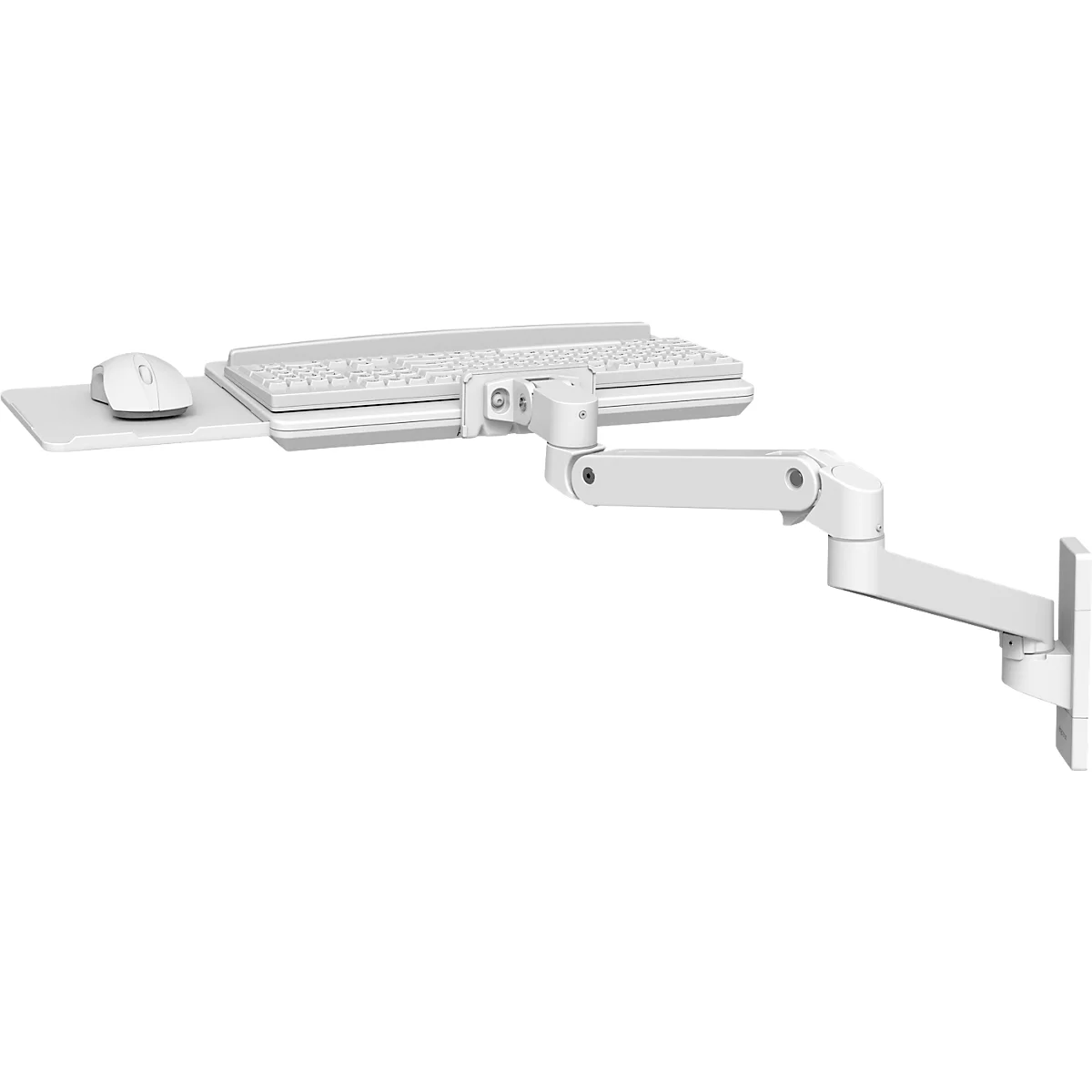 Support pour clavier et souris. Design blanc, monté au mur, avec un bras flexible.