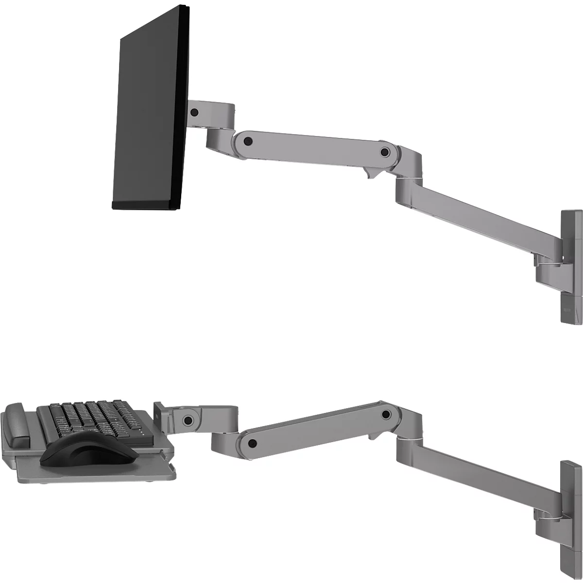 Support mural gris pour moniteur et clavier. Le moniteur et le clavier sont fixés à des bras flexibles.