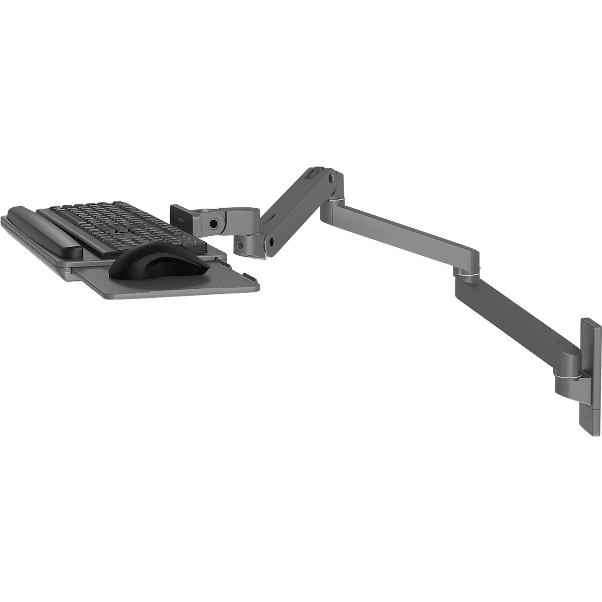 Support mural avec clavier et souris. Le support est gris, avec un plateau coulissant pour la souris.