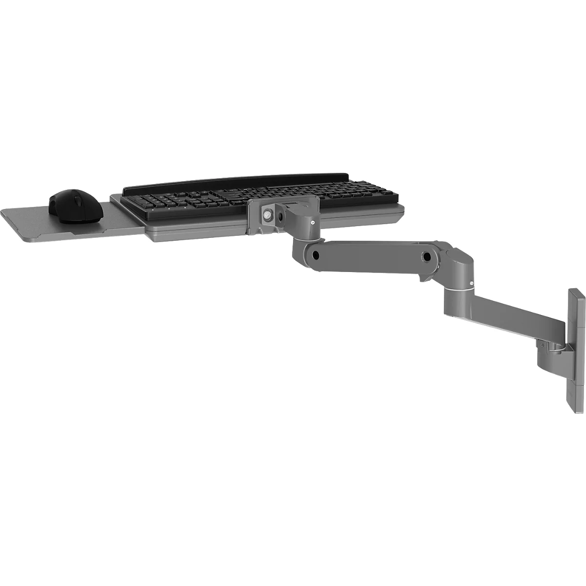 Support mural pour clavier et souris. Construction grise, le clavier et le plateau de la souris sont montés horizontalement.