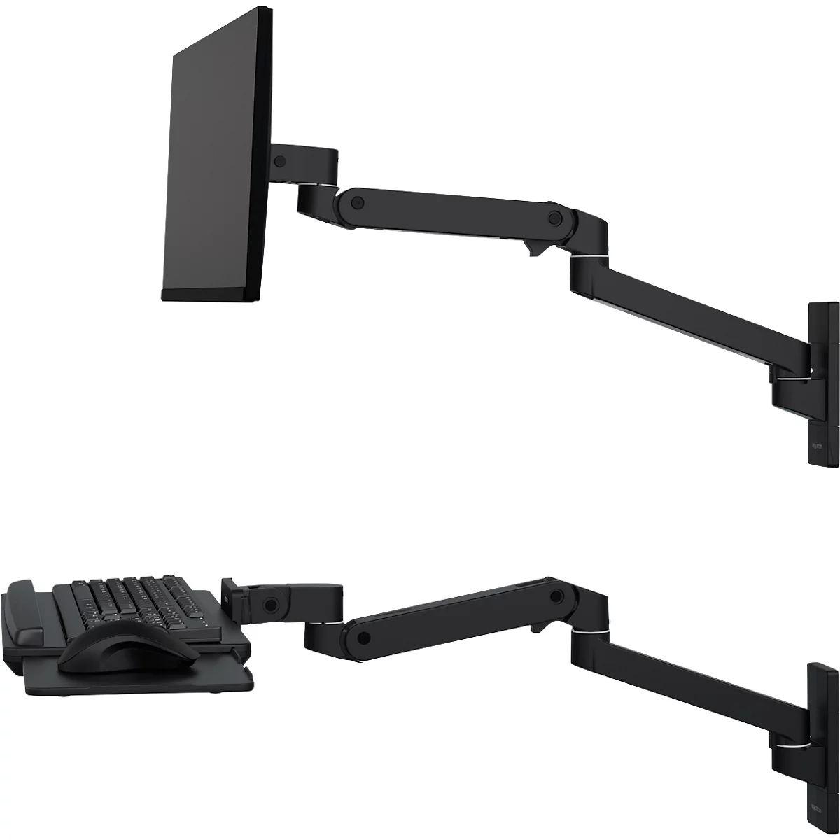 Deux supports muraux noirs pour moniteurs et claviers. Support supérieur avec moniteur, inférieur avec clavier et souris.