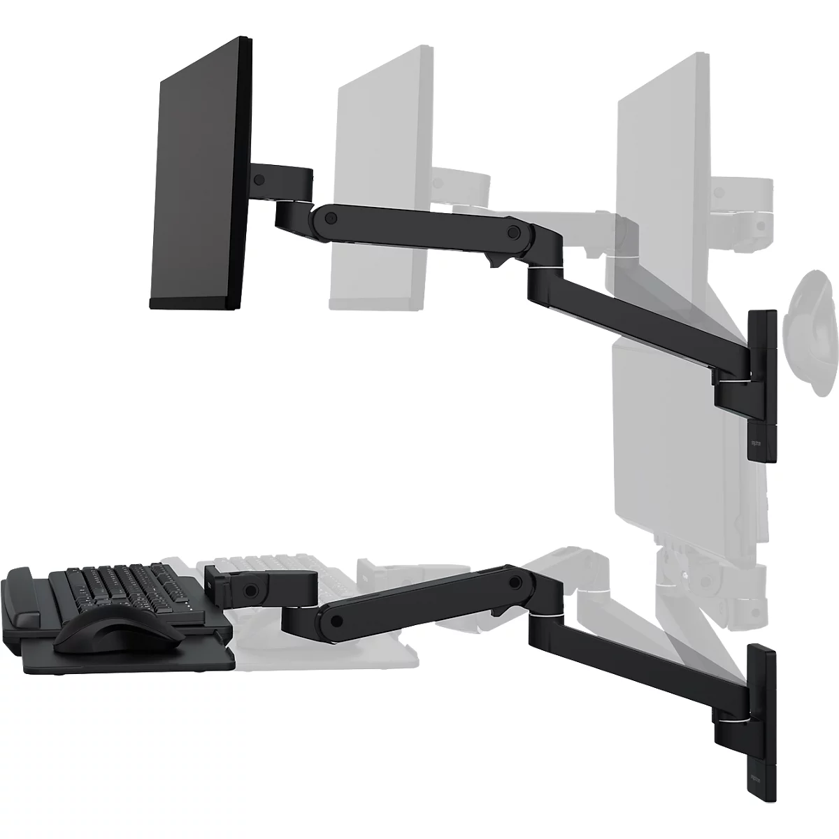 Bras de moniteur noir avec clavier, souris et deux écrans. Le bras du moniteur est fixé au mur.