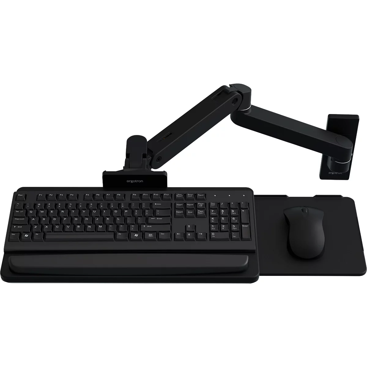 Clavier et souris noirs sur un support fixé à un bras.