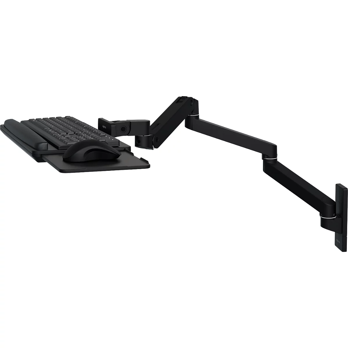 Support mural noir avec clavier, souris et repose-poignet. Le bras est fixé au mur et est réglable de manière flexible.