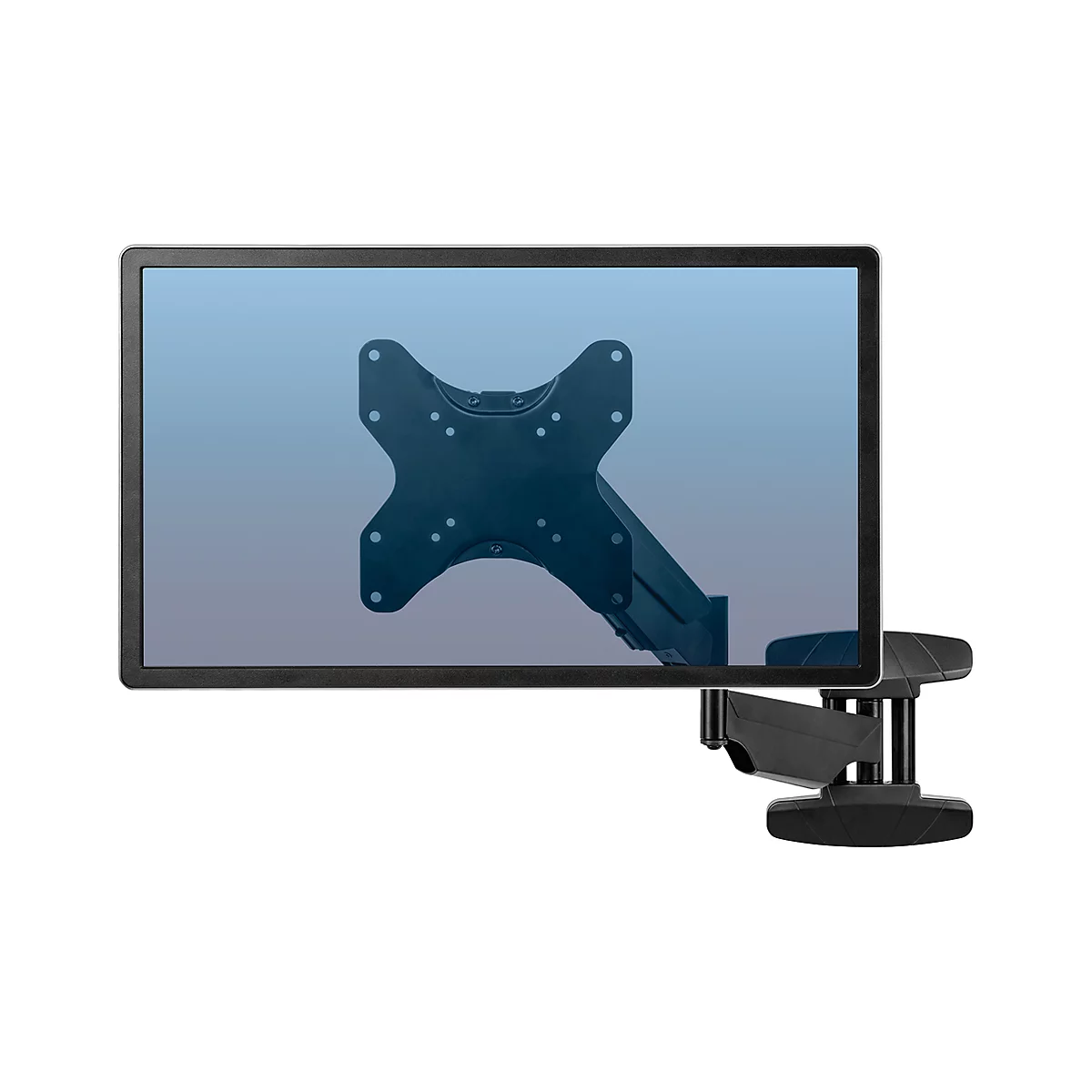 Un moniteur noir fixé à un support mural avec un fond bleu-gris.