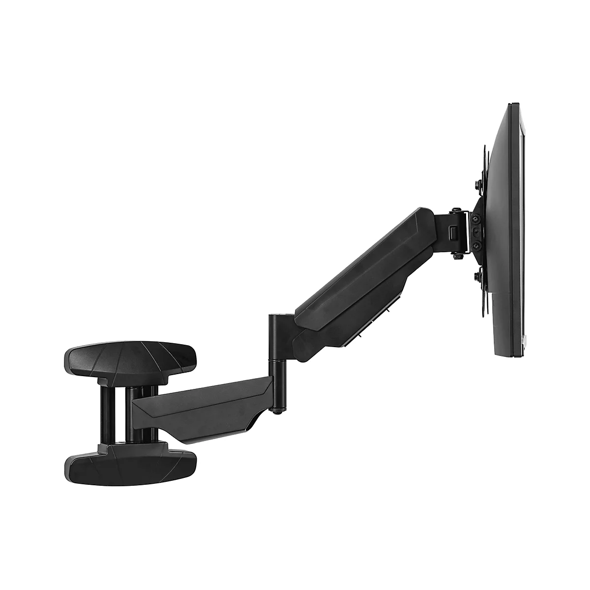 Support de moniteur noir avec bras articulés et écran, sur fond blanc.