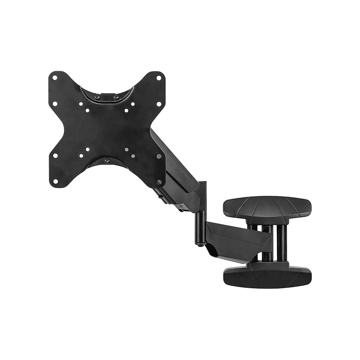 Support mural TV noir composé d'une plaque murale, d'un bras et d'un support.