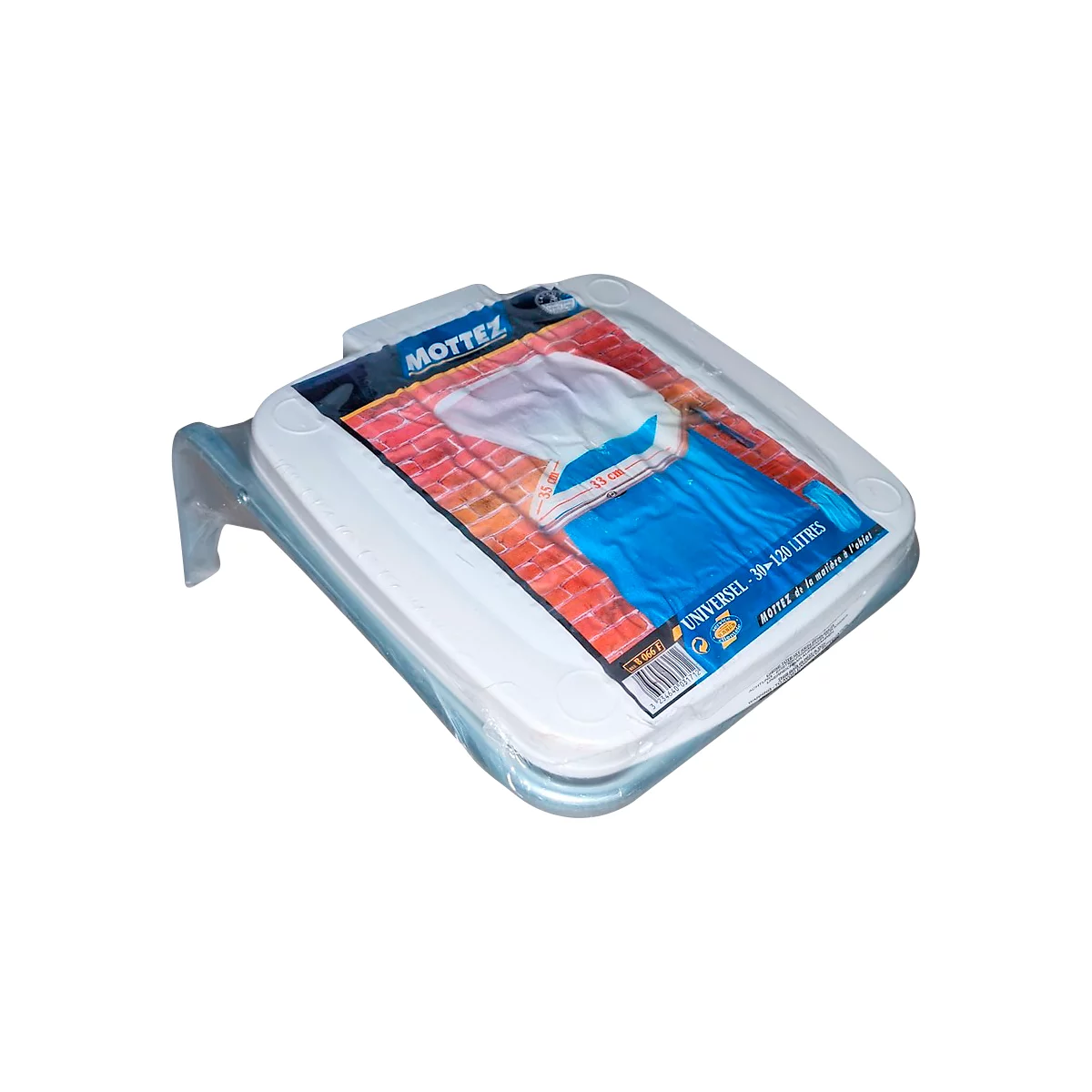 Bac de lavage rectangulaire en plastique blanc, emballé dans du film plastique. Impression : "Mottez Universel 30-120 litres".