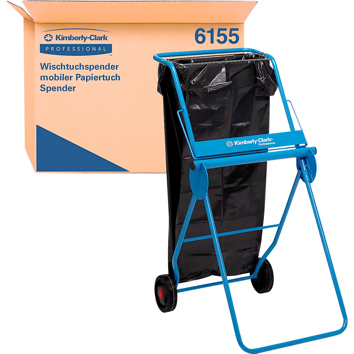 Distributeur d'essuie-tout bleu avec sac noir, à côté de la boîte. Imprimé: "Wischttuchspender".
