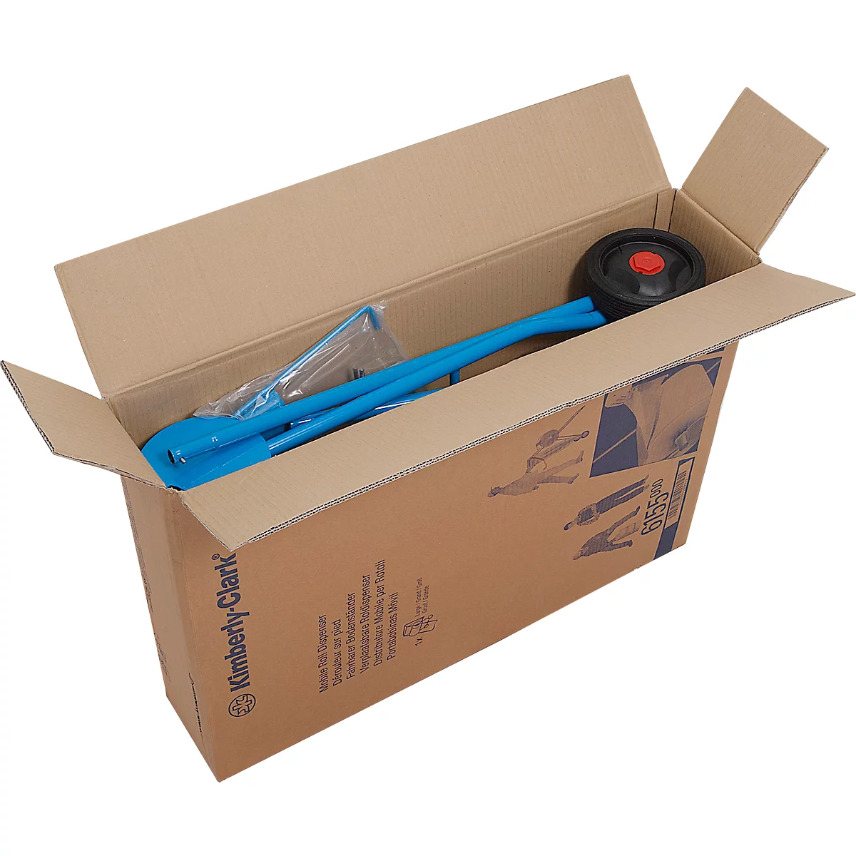 Une boîte en carton ouverte contenant un cadre bleu, une roue noire et un capuchon rouge.