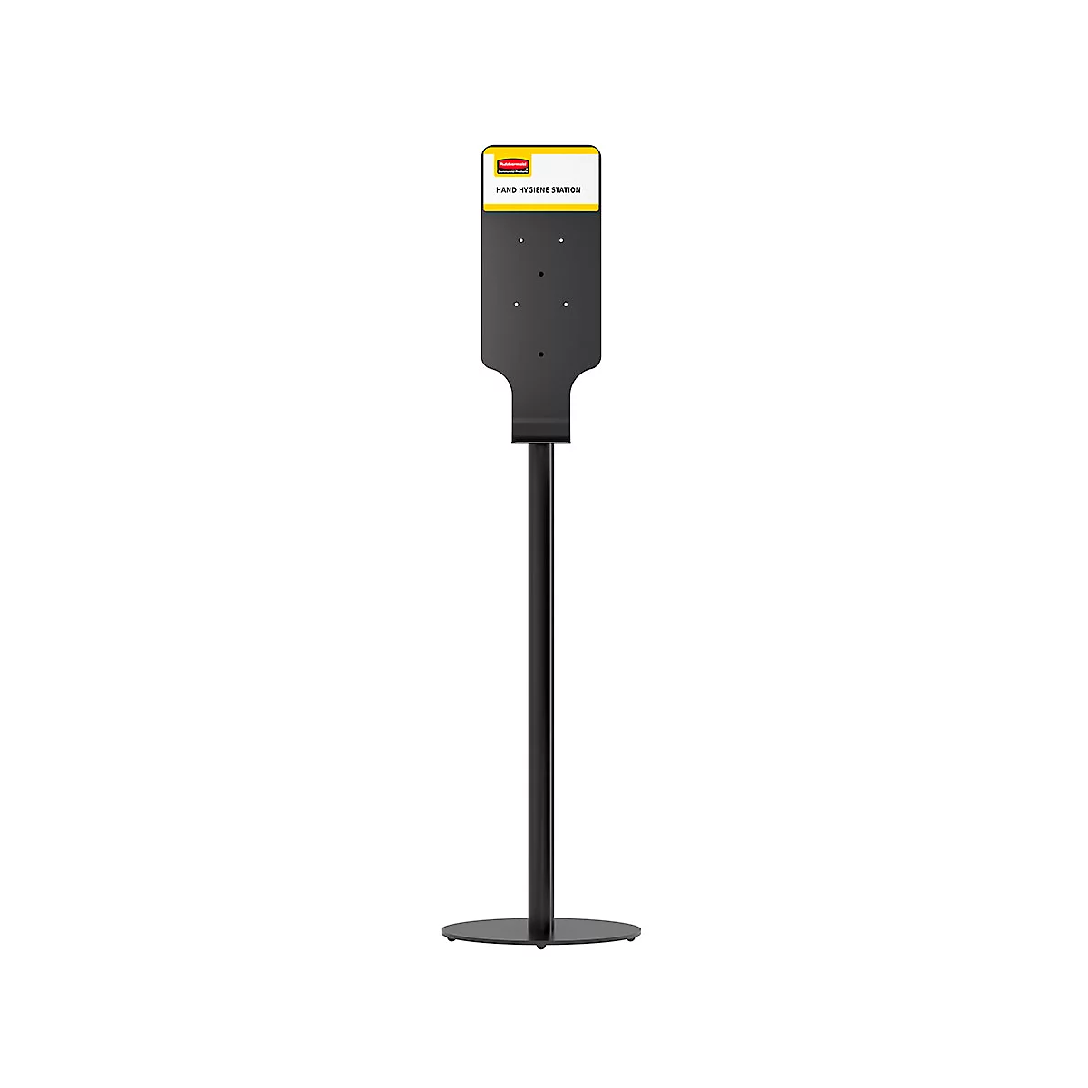 Support de distributeur de désinfectant noir avec panneau jaune et logo rouge. "HAND HYGIENE STATION" est écrit sur le panneau.