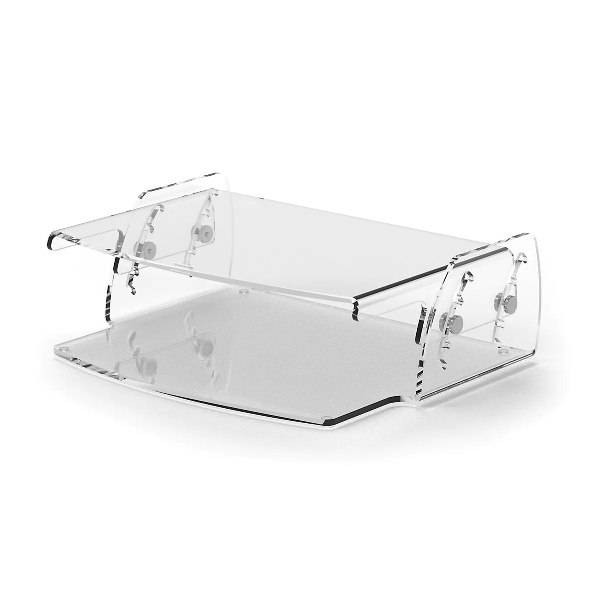 Porte-documents transparent en acrylique avec deux étagères. Les éléments sont reliés par des vis métalliques.
