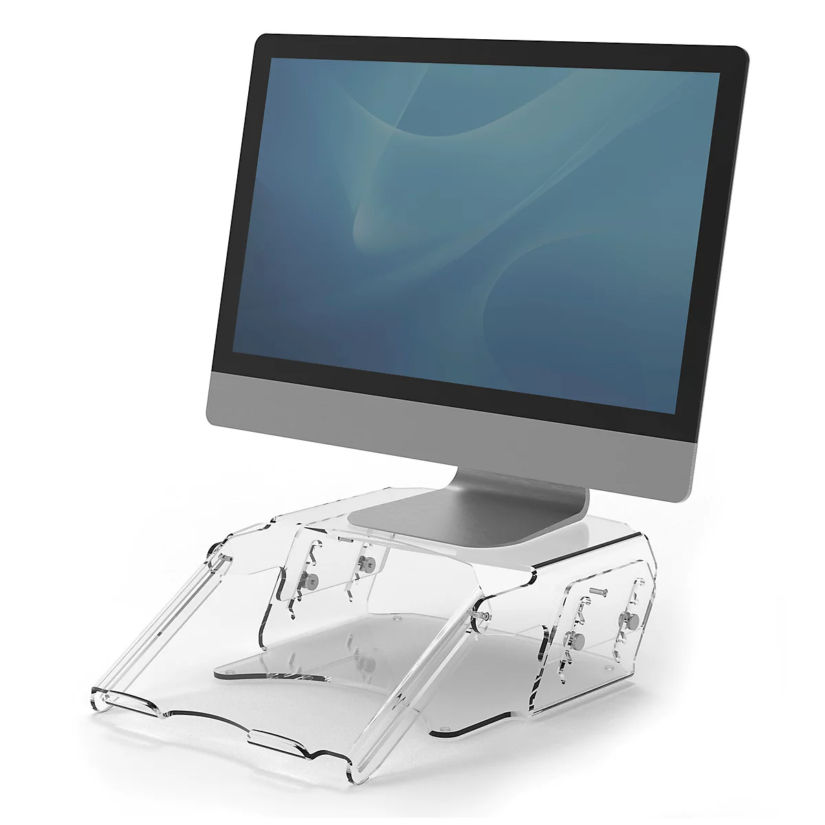 Moniteur sur un support transparent. L'écran affiche un dégradé bleu.