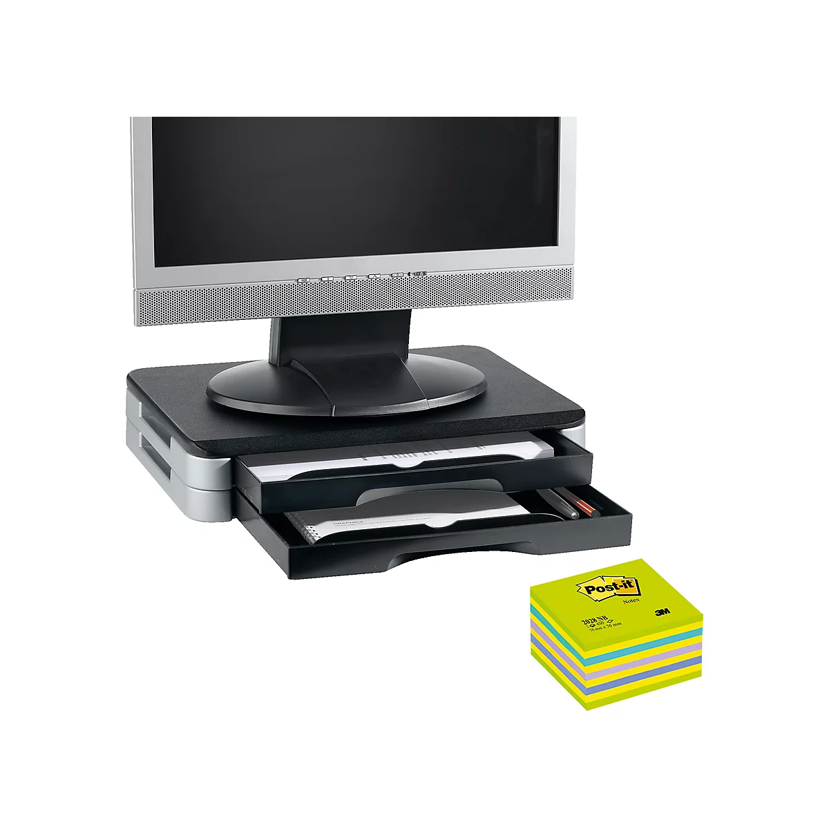 Support pour moniteur/imprimante + Post-it® cube vert néon 76 x 76 mm, GRATUIT