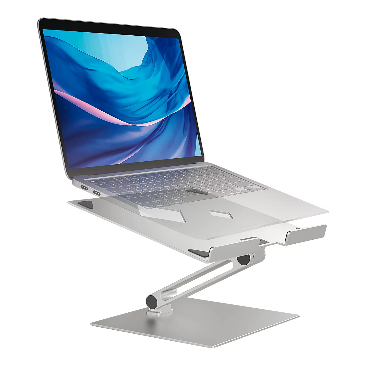 Support pour ordinateur portable Durable Stand Rise, pour ordinateurs portables jusqu'à 17', supports en caoutchouc, réglage manuel, avec poignée encastrée, aluminium