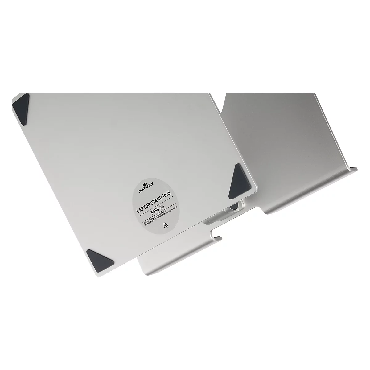 Support pour ordinateur portable Durable Stand Rise, pour ordinateurs portables jusqu'à 17', supports en caoutchouc, réglage manuel, avec poignée encastrée, aluminium