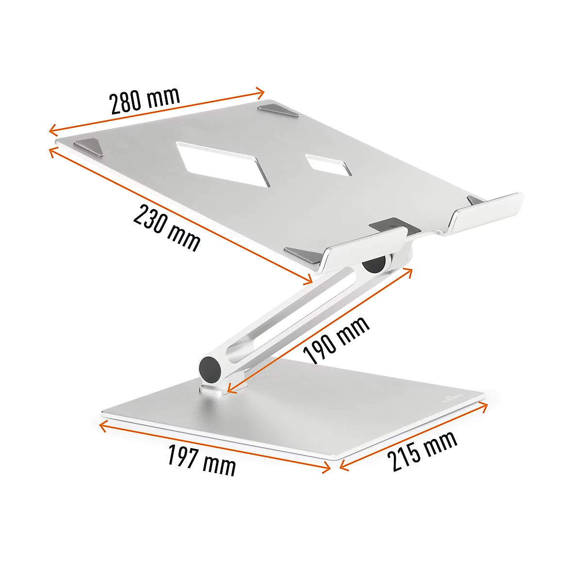 Support pour ordinateur portable Durable Stand Rise, pour ordinateurs portables jusqu'à 17', supports en caoutchouc, réglage manuel, avec poignée encastrée, aluminium