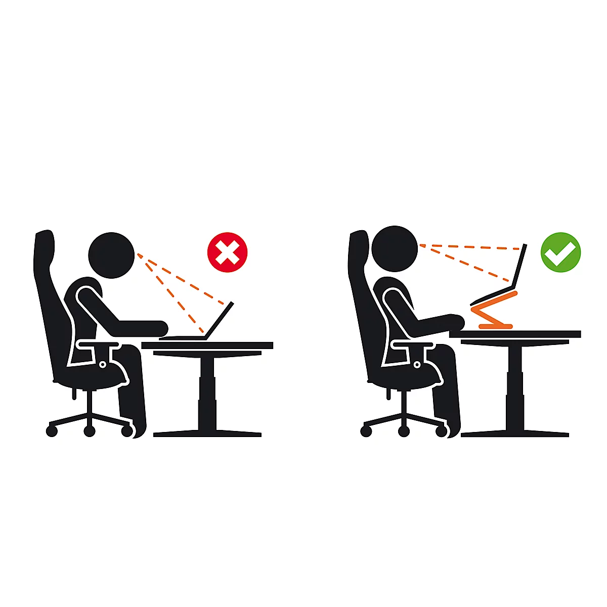 Deux bonhommes allumettes : positions assises incorrectes et correctes devant un ordinateur portable. Gauche : courbé, croix rouge. Droite : droit, coche verte.
