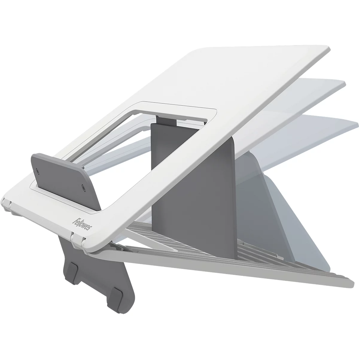 Support pour ordinateur portable Fellowes Breyta™, pour 1 ordinateur portable jusqu'à 15' &amp; jusqu'à 5 kg, réglable en hauteur, pliable, L 235 x P 268 x H 14 mm, 100 % plastique recyclé, blanc