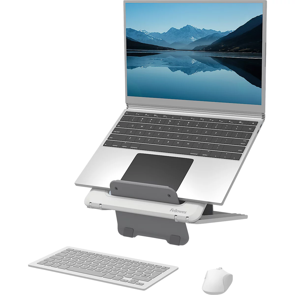Support pour ordinateur portable Fellowes Breyta™, pour 1 ordinateur portable jusqu'à 15' &amp; jusqu'à 5 kg, réglable en hauteur, pliable, L 235 x P 268 x H 14 mm, 100 % plastique recyclé, blanc