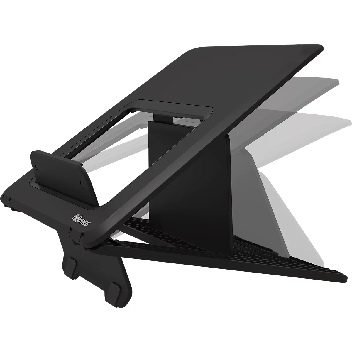 Support pour ordinateur portable Fellowes Breyta™, pour 1 ordinateur portable jusqu'à 15" &amp; jusqu'à 5 kg, réglable en hauteur, pliable, L 235 x P 268 x H 14 mm, 100 % plastique recyclé, noir