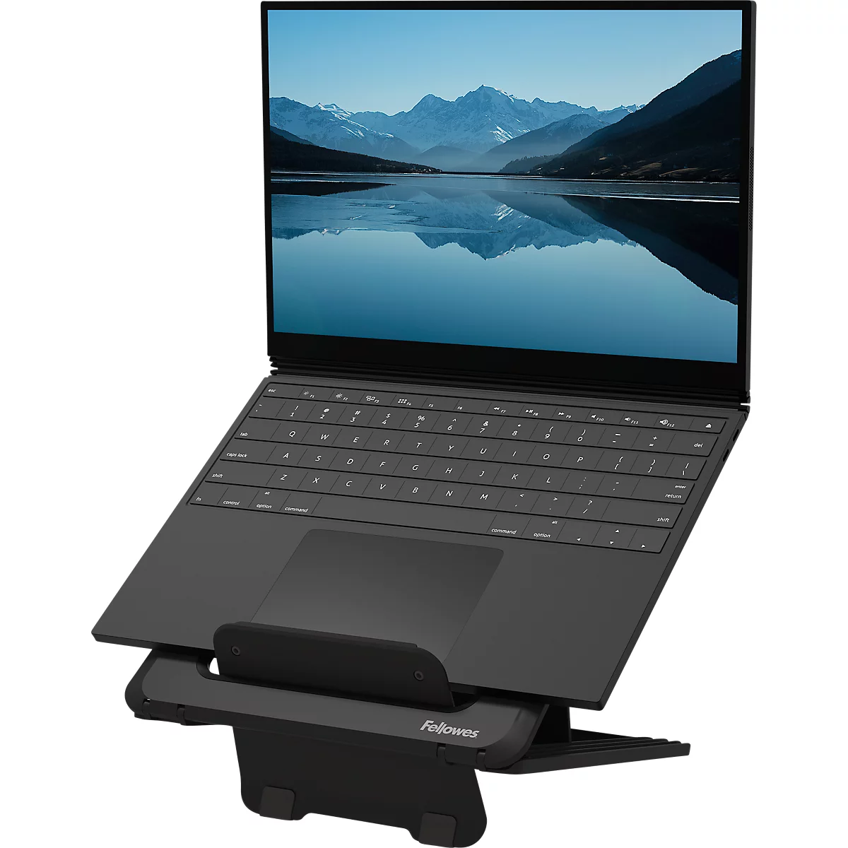 Support pour ordinateur portable Fellowes Breyta™, pour 1 ordinateur portable jusqu'à 15" &amp; jusqu'à 5 kg, réglable en hauteur, pliable, L 235 x P 268 x H 14 mm, 100 % plastique recyclé, noir