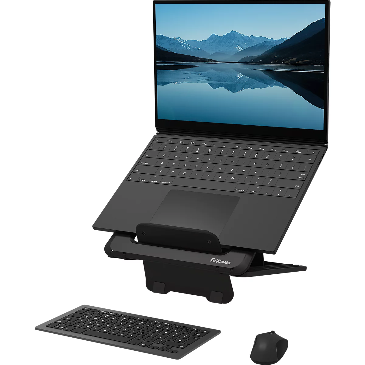 Support pour ordinateur portable Fellowes Breyta™, pour 1 ordinateur portable jusqu'à 15" &amp; jusqu'à 5 kg, réglable en hauteur, pliable, L 235 x P 268 x H 14 mm, 100 % plastique recyclé, noir
