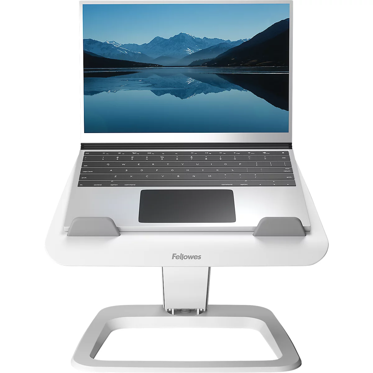 Support pour ordinateur portable Fellowes Hana™ LT, pour 1 ordinateur portable jusqu'à 19" &amp; jusqu'à 4,5 kg, réglable en hauteur/rotatif, gestion des câbles, L 342 x P 396 x H 102 mm, blanc