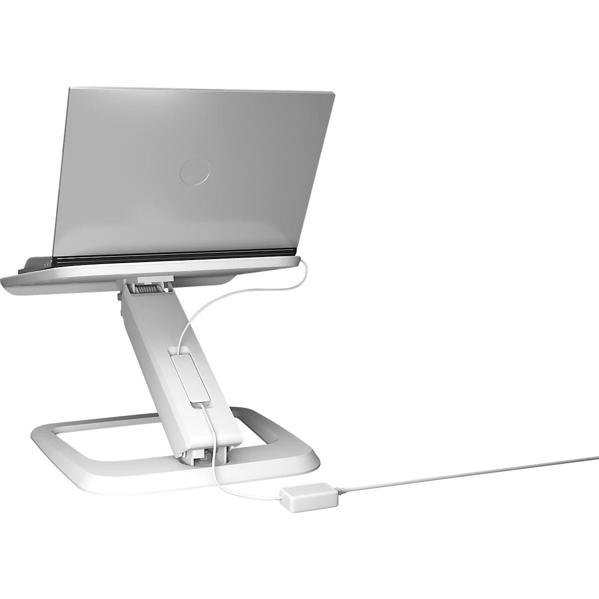 Support pour ordinateur portable Fellowes Hana™ LT, pour 1 ordinateur portable jusqu'à 19" &amp; jusqu'à 4,5 kg, réglable en hauteur/rotatif, gestion des câbles, L 342 x P 396 x H 102 mm, blanc