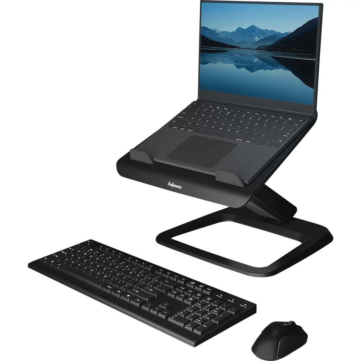Support pour ordinateur portable Fellowes Hana™ LT, pour 1 ordinateur portable jusqu'à 19' &amp; jusqu'à 4,5 kg, réglable en hauteur/rotatif, gestion des câbles, L 342 x P 396 x H 102 mm, noir