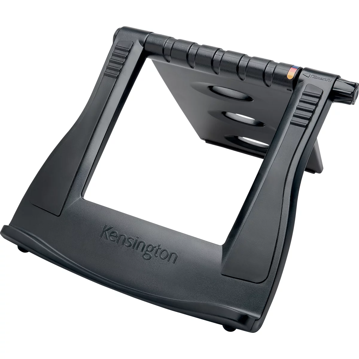 Support d'ordinateur portable noir de Kensington. Le produit est légèrement incliné pour améliorer l'angle de vision pour une meilleure ergonomie.