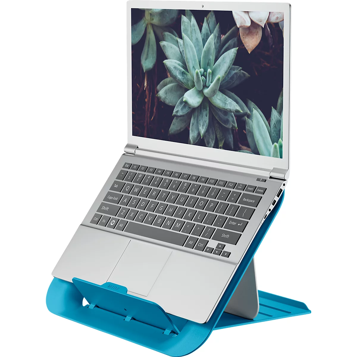 Support pour ordinateur portable Leitz Ergo Cosy, pour ordinateurs portables de 13" à 17", réglable en hauteur, pliable, L 312 x P 247 x H 50 mm, bleu
