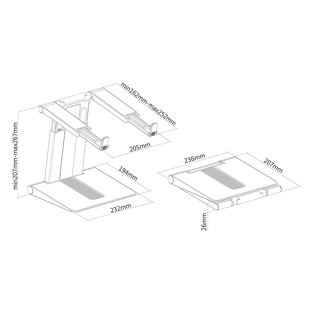 Support pour ordinateur portable NewStar NSLS200, pour ordinateurs portables 10-17″ et jusqu'à 5 kg, réglage manuel de la hauteur en 6 étapes, pliable, argent-noir.