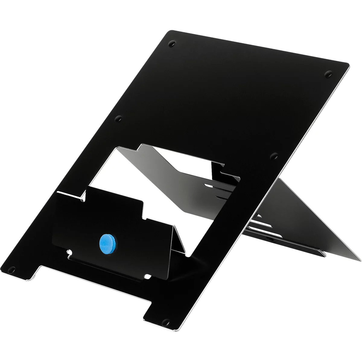 Support pour ordinateur portable R-Go Riser Flexible, pour 1 ordinateur portable/tablette 10-22″ &amp; jusqu'à 5 kg, hauteur réglable sur 5 niveaux, avec porte-documents, aluminium HYLITE®, noir