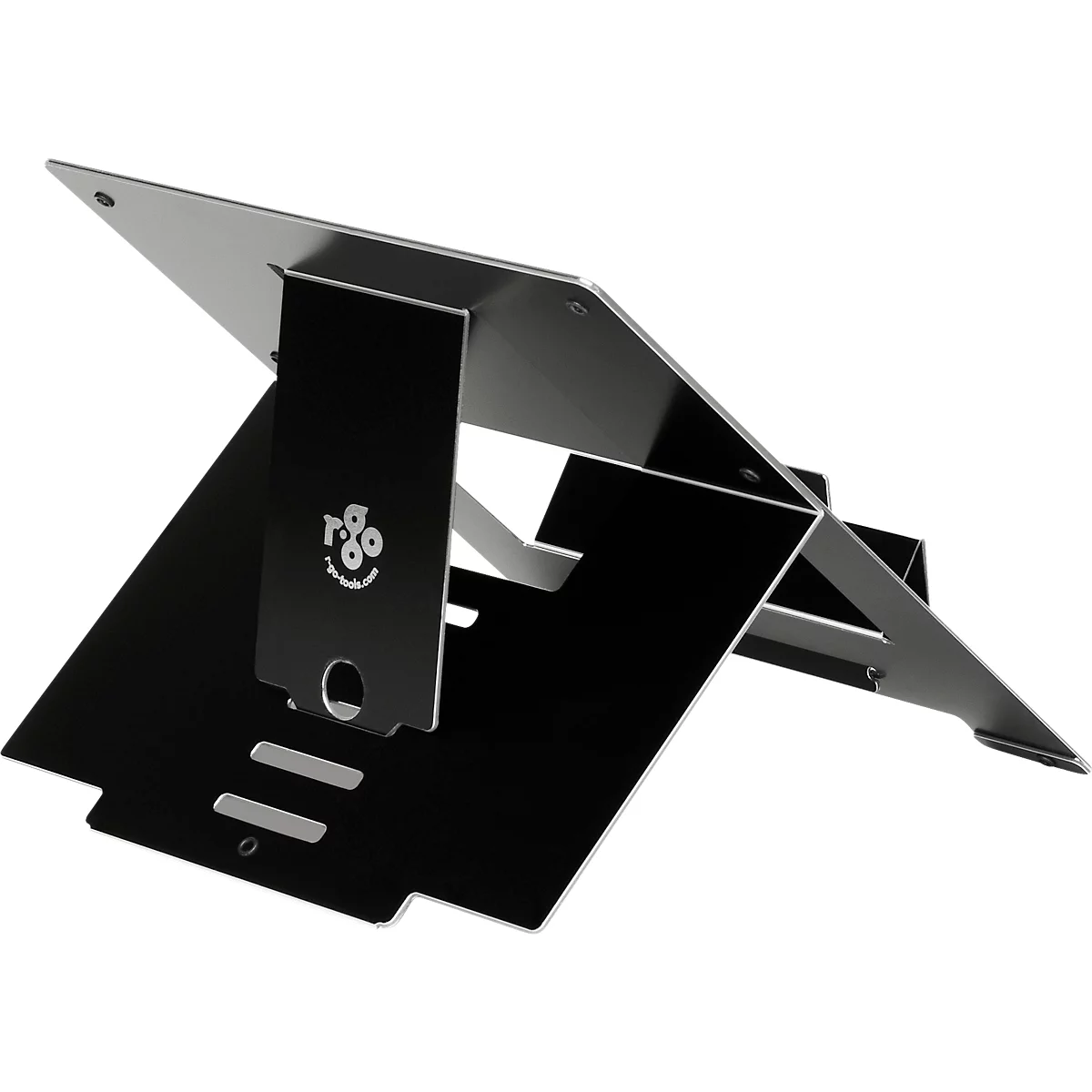 Support pour ordinateur portable R-Go Riser Flexible, pour 1 ordinateur portable/tablette 10-22″ &amp; jusqu'à 5 kg, hauteur réglable sur 5 niveaux, avec porte-documents, aluminium HYLITE®, noir