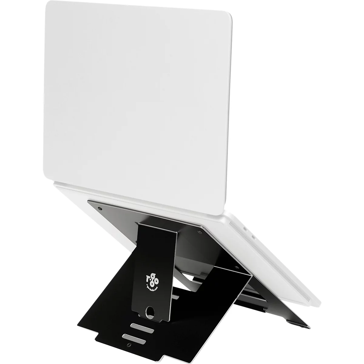 Support pour ordinateur portable R-Go Riser Flexible, pour 1 ordinateur portable/tablette 10-22″ &amp; jusqu'à 5 kg, hauteur réglable sur 5 niveaux, avec porte-documents, aluminium HYLITE®, noir